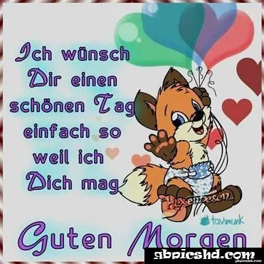 Eine Comic-Füchsin mit Luftballons und dem Text: "Guten Morgen, ich mag dich."