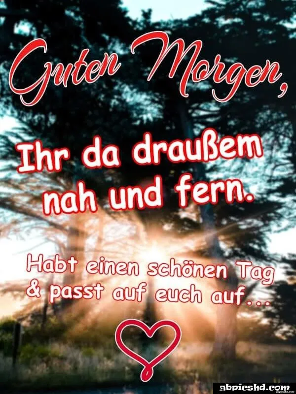 Text mit "Guten Morgen" und herzförmigem Symbol vor einem Waldhintergrund.