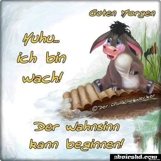 Ein Comic-Esel sitzt auf einem Holzfloß am Wasser und sagt „Guten Morgen“.