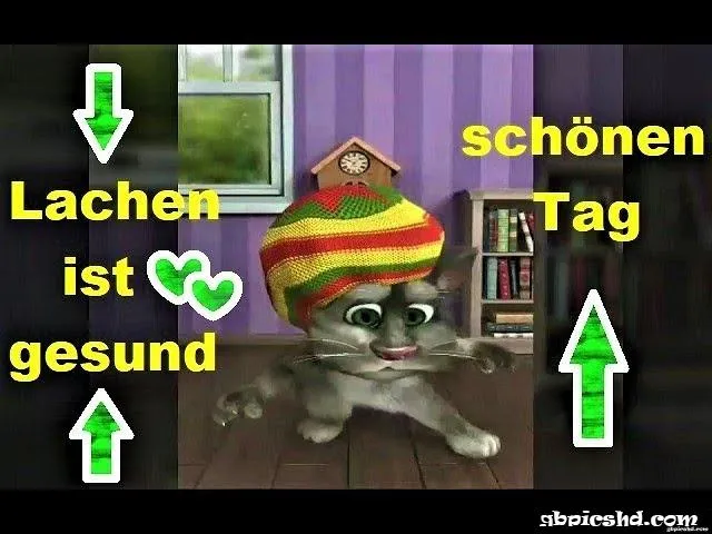 Katze mit buntem Hut tanzt, umgeben von Text: "Lachen ist gesund" und "schönen Tag".