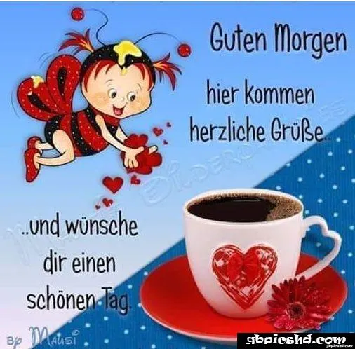 Eine fröhliche Figur mit Flügeln, die Herzen hält, und eine Tasse Kaffee mit Herz.