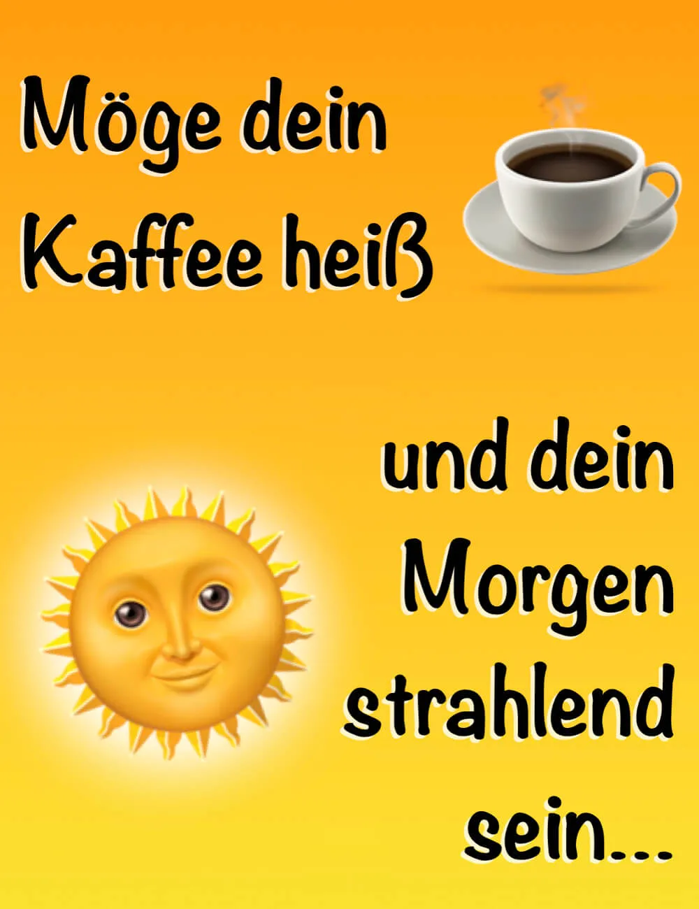Hintergrund in Gelb, schwarzer Text, Kaffeetasse und lächelnde Sonne.