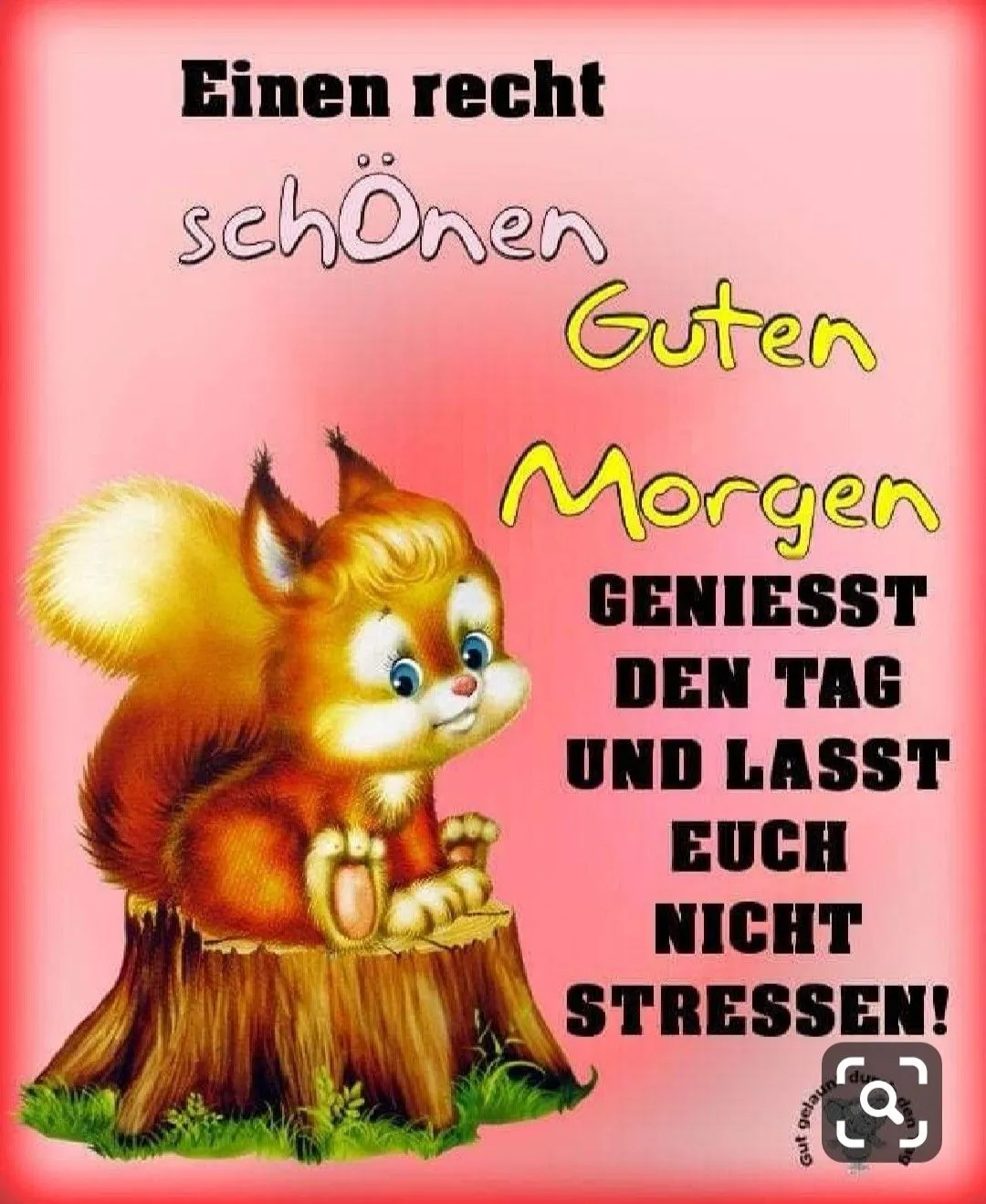 Ein niedliches Eichhörnchen sitzt auf einem Baumstumpf und wünscht guten Morgen.