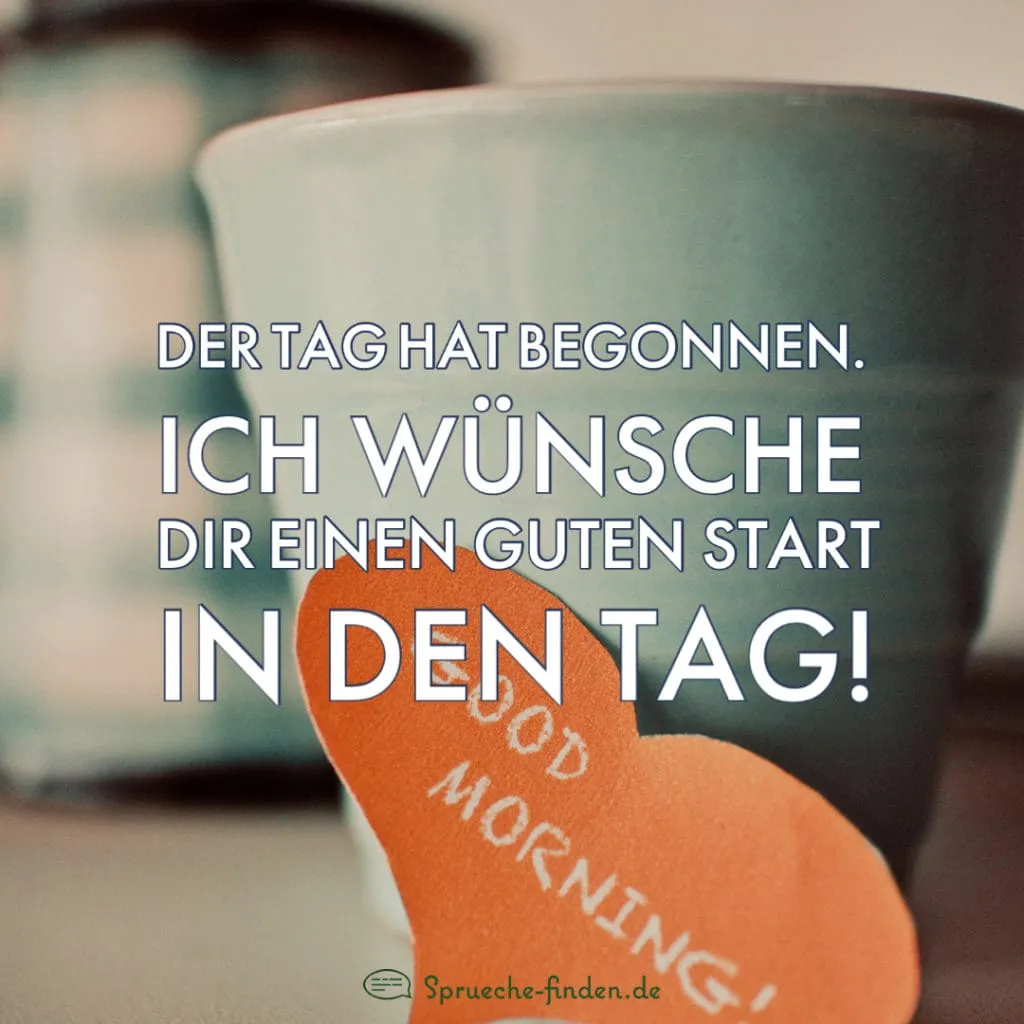 Wünschtext auf einer Tasse mit orangem Herz: "Guten Morgen" und der Start in den Tag.