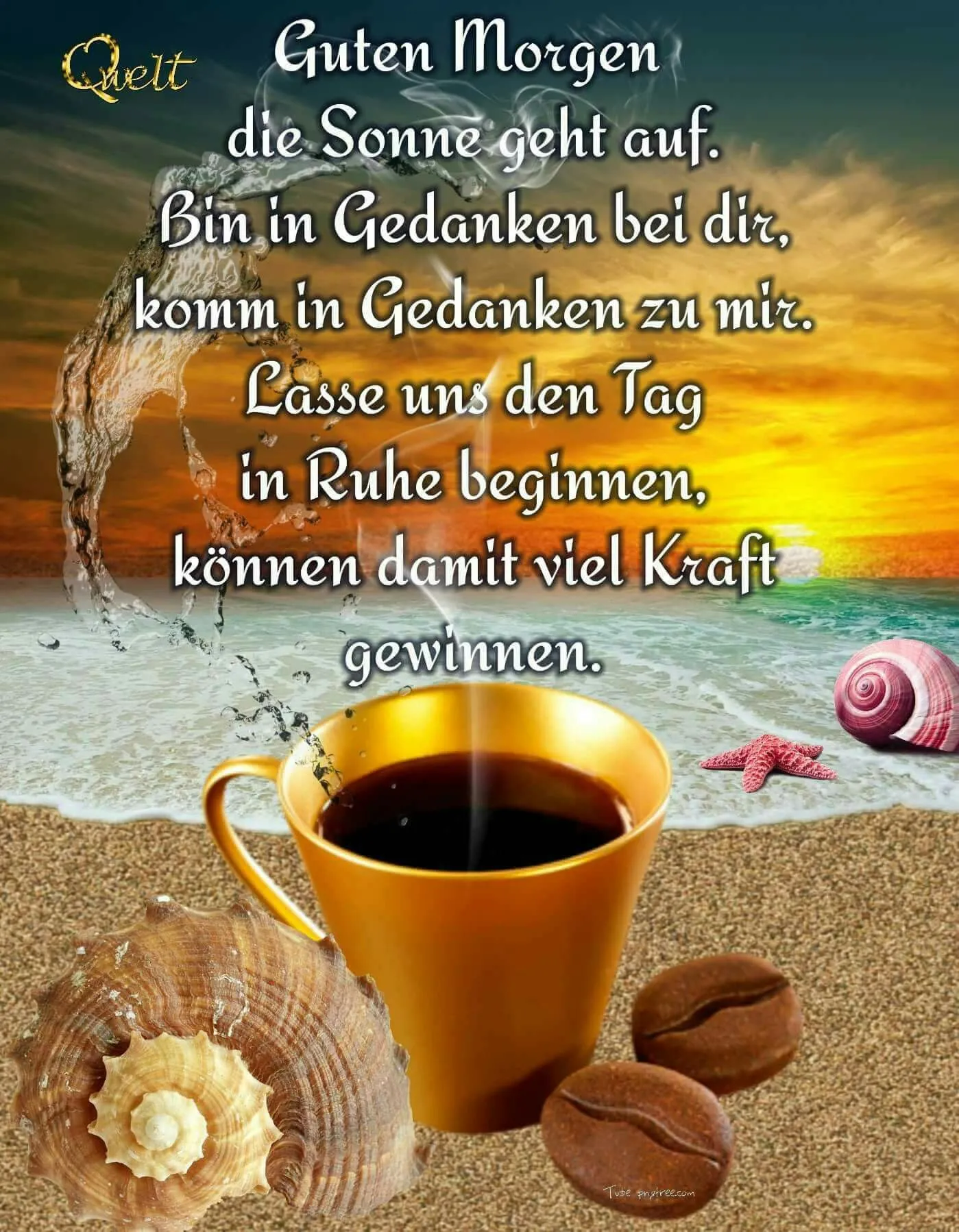 Kaffeetasse am Strand mit Sonnenaufgang und Muscheln, darunter ein inspirierender Text.