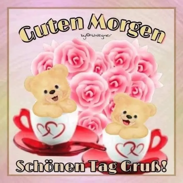 Zwei Tassen mit Bären und Rosen, dazu "Guten Morgen" und "Schönen Tag Gruß!"
