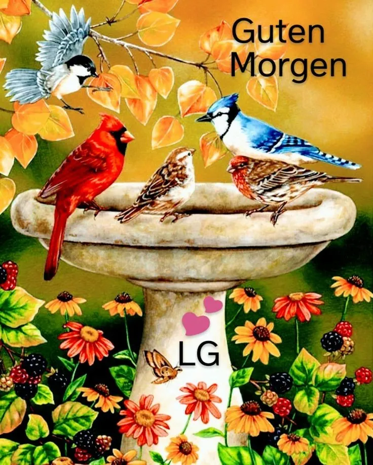 Vögel an einem Vogelbad umgeben von bunten Blumen mit dem Text „Guten Morgen“.