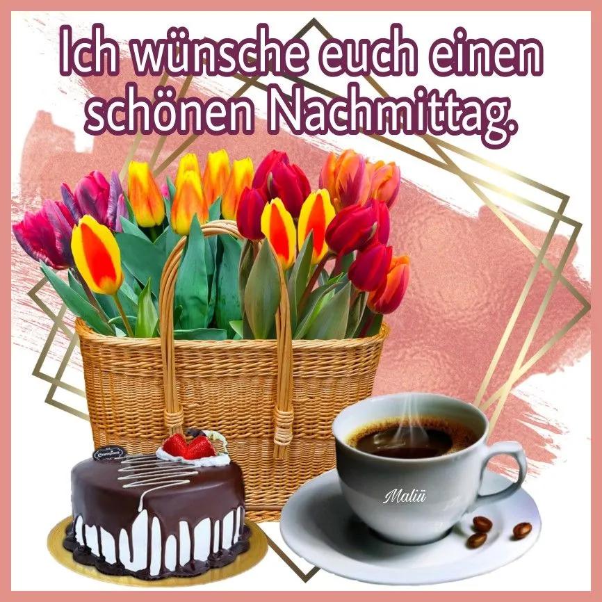 Ein Korb mit Tulpen, ein Kuchen und eine Tasse Kaffee auf einem Tisch.
