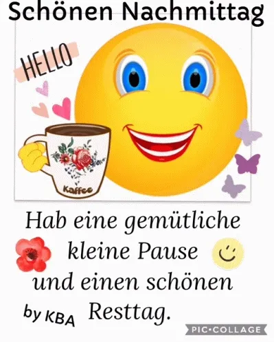 Lächelndes Smiley mit Kaffeetasse und Text über eine gemütliche Pause.
