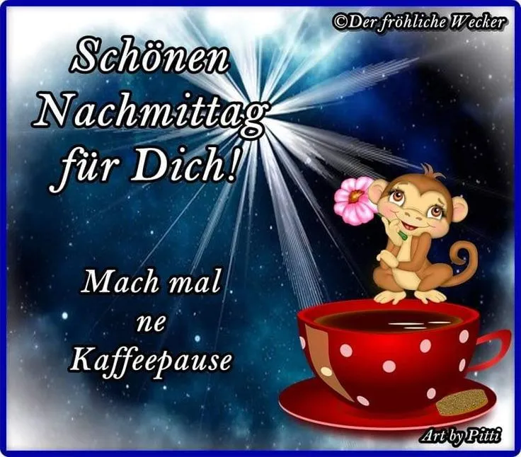 Ein Affe sitzt auf einer Kaffeetasse und hält eine Blume mit der Aufschrift "Schönen Nachmittag".