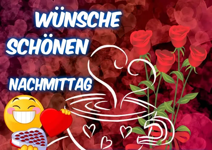 Rote Rosen und eine Tasse mit Dampf, darauf steht "Schönen Nachmittag".