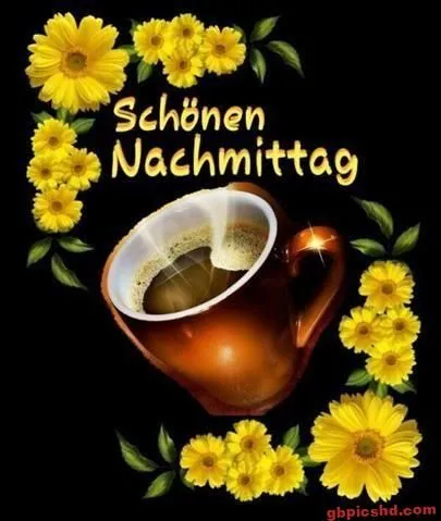Kaffeetasse umgeben von gelben Sonnenblumen und dem Text „Schönen Nachmittag“.