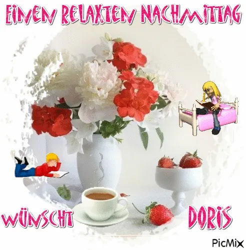 Blumenstrauß in einer Vase, Tasse Kaffee und Erdbeeren umgeben von freundlichem Text.