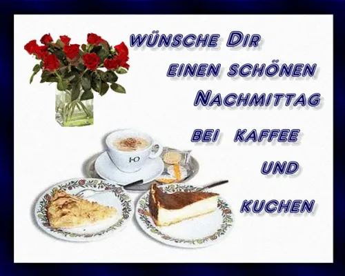 Kaffeetasse, Kuchenstücke und Blumenvase auf einer festlichen Karte.