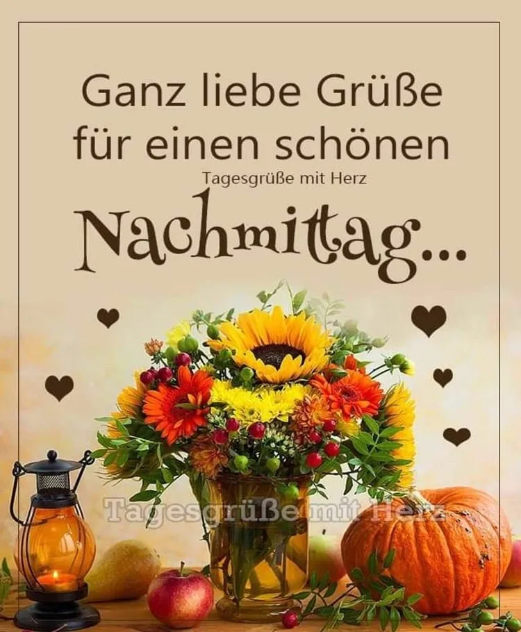 Ein Herbststrauß mit Sonnenblumen, Kürbis und laterne, Text: "Ganz liebe Grüße für einen schönen Nachmittag."