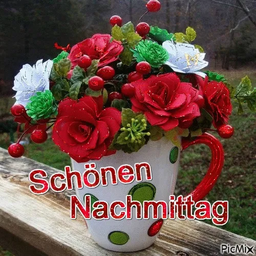 Ein bunter Blumenstrauß in einer Tasse mit dem Text "Schönen Nachmittag".