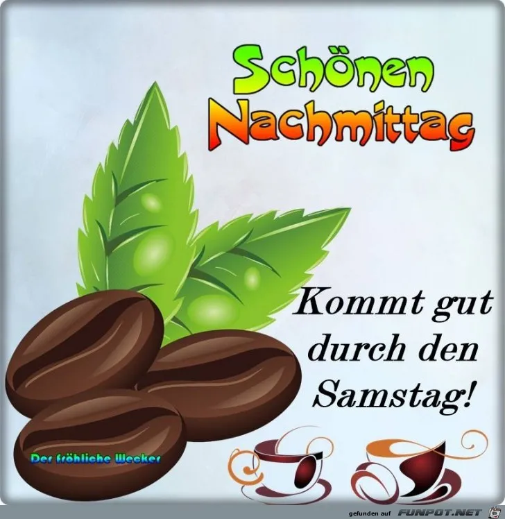 Schwarze Kaffeebohnen und grüne Blätter mit dem Text „Schönen Nachmittag“.