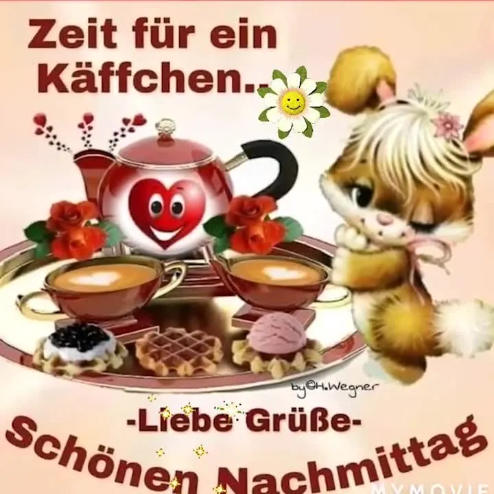 Teekanne mit Herz, zwei Tassen Kaffee, Kekse und Waffeln auf einem Tablett.