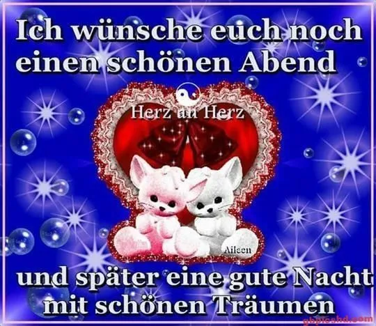 Schönen Abend Sonnenuntergang Zwei Plüschtiere sitzen in einem herzförmigen Rahmen mit herzlichen Wünschen.