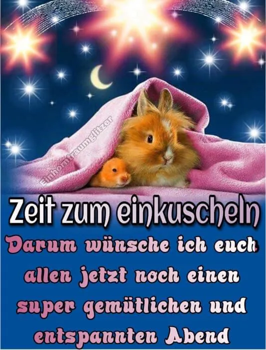 Niedlicher Abendgruß Zwei Kaninchen liegen eingekuschelt unter einer Decke mit einem Text. Sternenhimmel im Hintergrund.