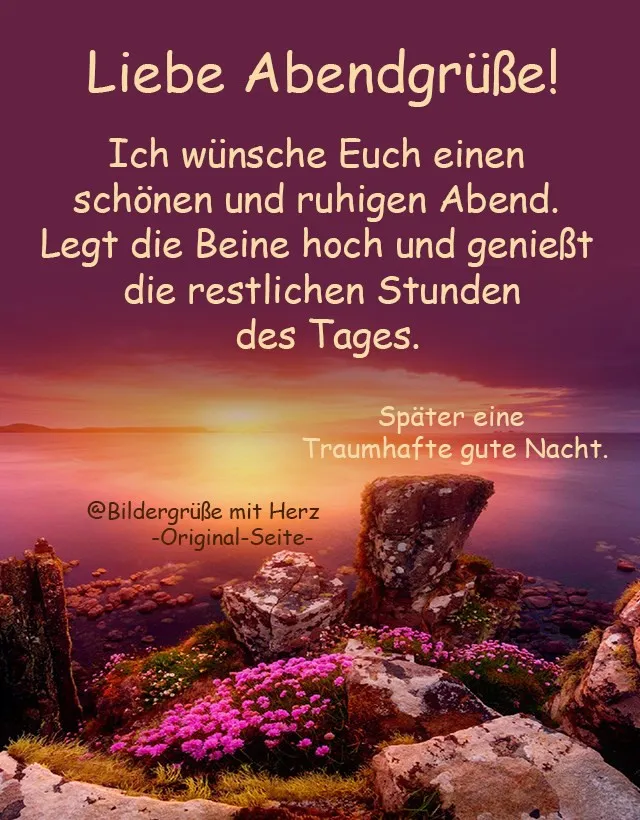 Abendliche Spaziergang Text auf einem schönen Hintergrund mit Felsen und Sonnenuntergang. Grüße für den Abend.