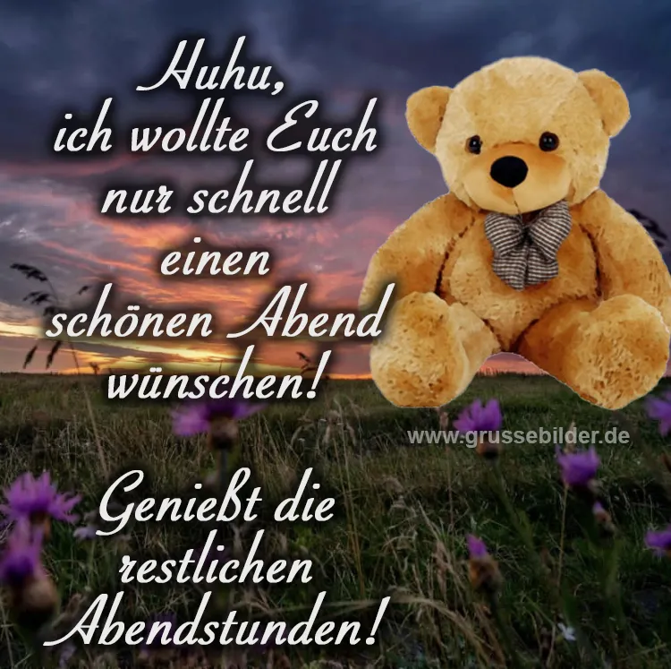 Kerze Abendgruß Stoffbär vor einem bunten Sonnenuntergang mit Blumen im Vordergrund.