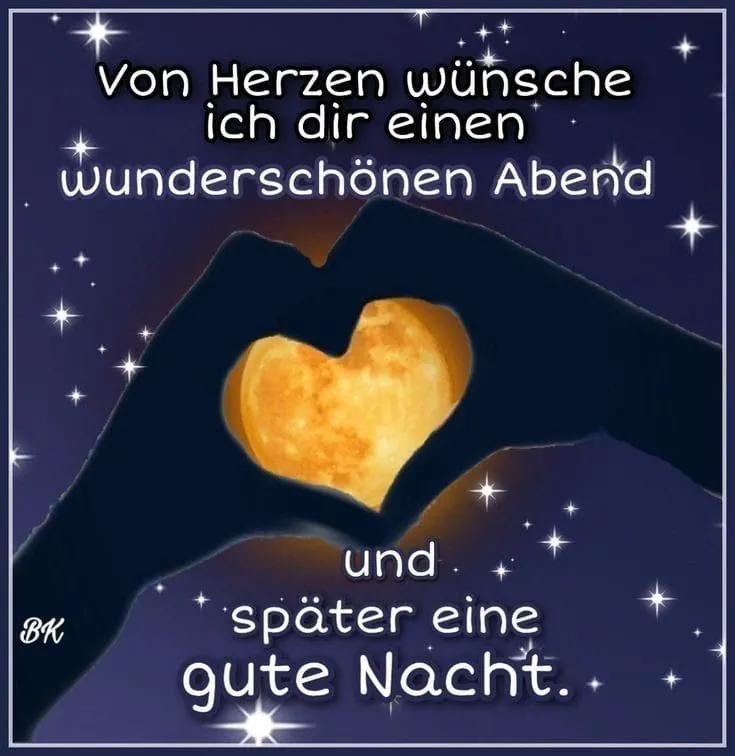 Freude am Abend Hände formen ein Herz vor einem Mond und einem Sternenhimmel mit einem Grußtext.