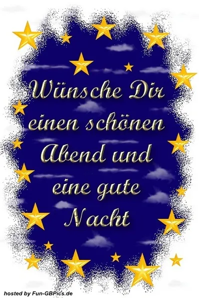 Friedlicher Seeabend Text auf blauem Hintergrund: "Wünsche Dir einen schönen Abend und eine gute Nacht" mit Sternen.