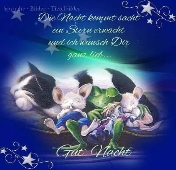 Sternennacht Abendgruß Eine Katze, ein Frosch und Mäuse liegen zusammen, um einen guten Nachtwunsch zu senden.