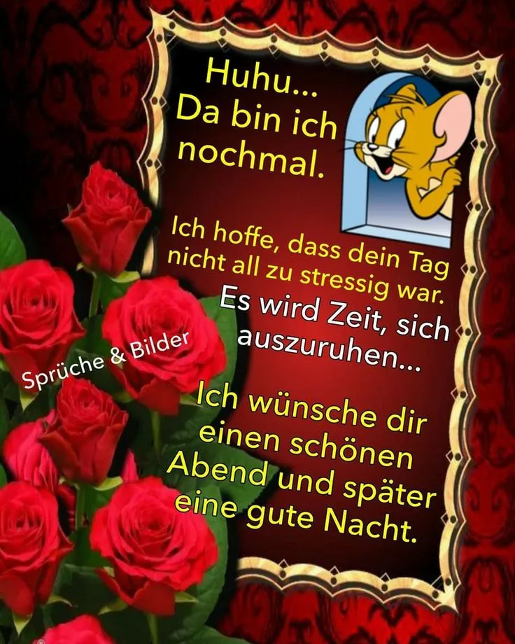 Wärme am Abend Ein Cartoon-Mauskopf, rote Rosen und ein freundlicher Text für gute Wünsche.