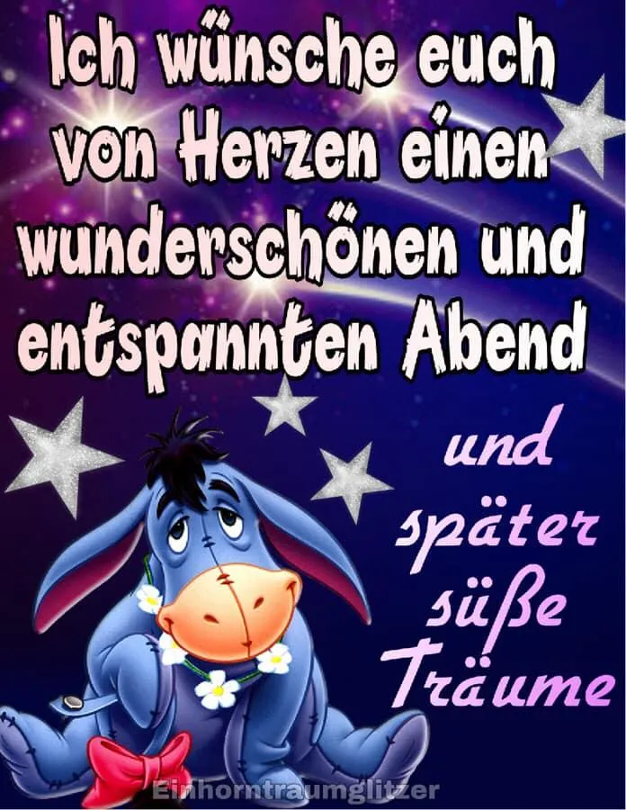 Gemeinsamer Abendgruß Ein Eeyore-Charakter wünscht einen schönen Abend und süße Träume. Sternenhimmel im Hintergrund.