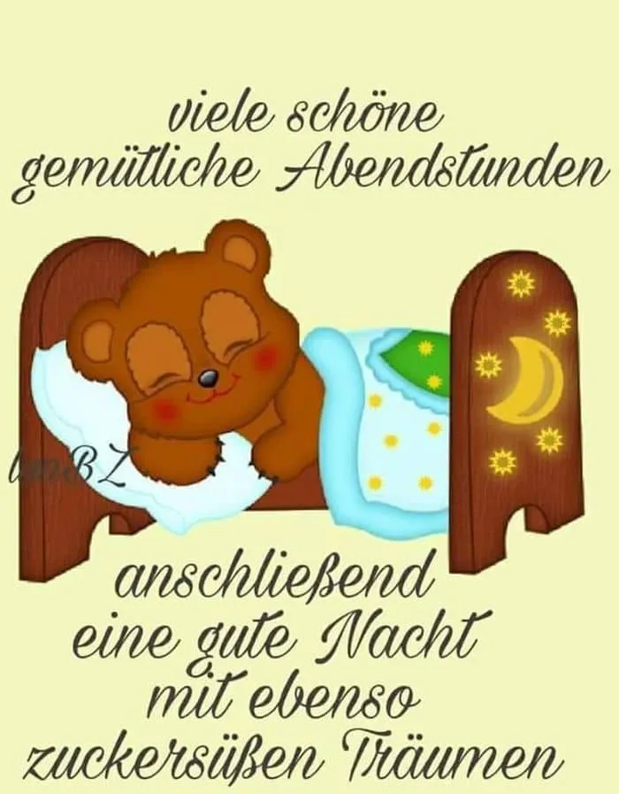 Kinderträume Abendbild Ein schlafender Bär im Bett, umgeben von Mond und Sternen, mit Schriftzug über Träume.