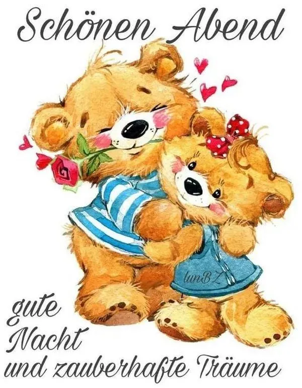 Leichtigkeit Abend Zwei fröhliche Bären umarmen sich, mit einer Blume und dem Text „Schönen Abend“.
