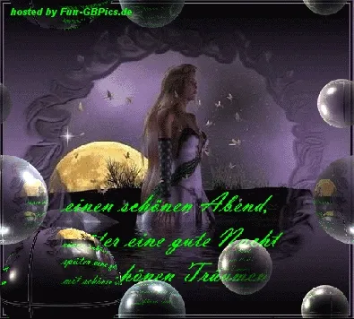 Katze animiert Abendgruß Eine Frau in einem schwarzen Kleid steht vor einem Mond, umgeben von Blasen und Vögeln.