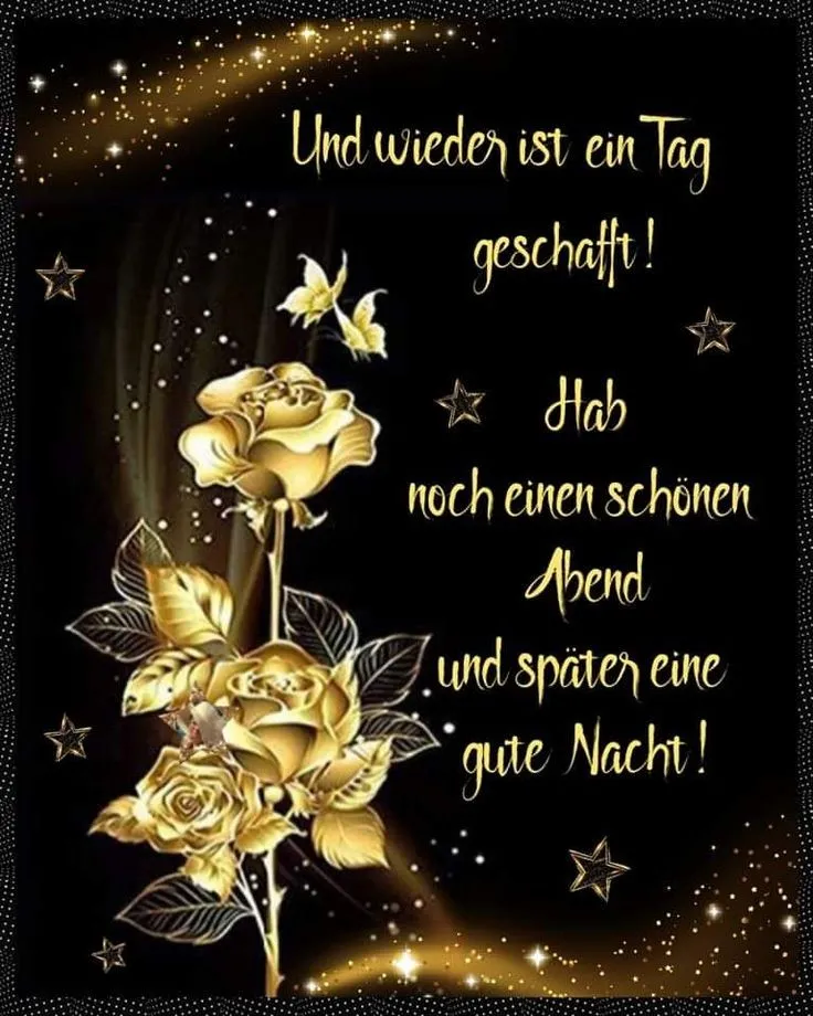 Einhorn Gute Nacht Schwarzer Hintergrund mit goldenen Rosen und Sternen, Schriftzug zum Tagesabschluss.