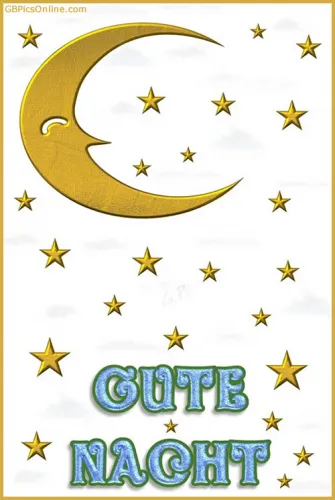 Bergabend Gute Nacht Goldener Mond und Sterne auf weißem Hintergrund mit dem Text "GUTE NACHT".