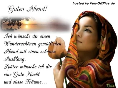 Eule Abendgruß Eine Frau mit Kopftuch hält eine Blume und wünscht einen guten Abend.