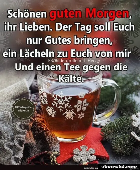 Text auf schwarzem Hintergrund mit Schneeflocken. Grüße zum guten Morgen und Tee.