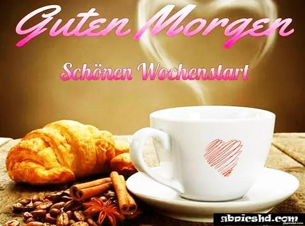 Tasse mit herzförmigem Design, Croissant und Kaffee, mit dem Text "Guten Morgen".