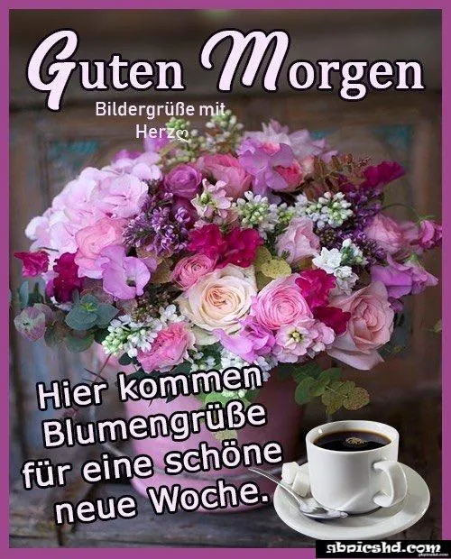 Blumenstrauß in Rosa- und Lilatönen mit einer Tasse Kaffee, "Guten Morgen" Schriftzug.