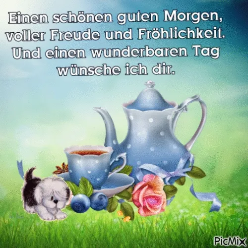 Teekanne, Tasse, Hund und Blumen auf buntem Hintergrund mit Text.
