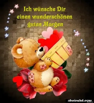 Ein Bär hält ein Geschenk und Herzen, mit dem Text "Guten Morgen".
