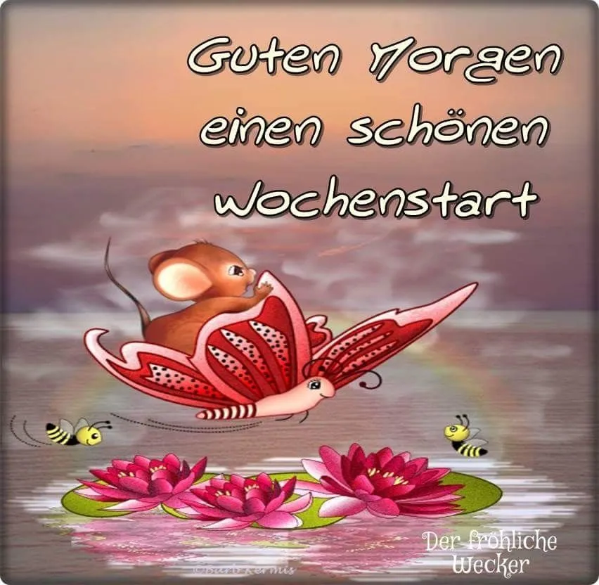 Eine Maus fliegt auf einem Schmetterling über Wasser mit Seerosen und Bienen.