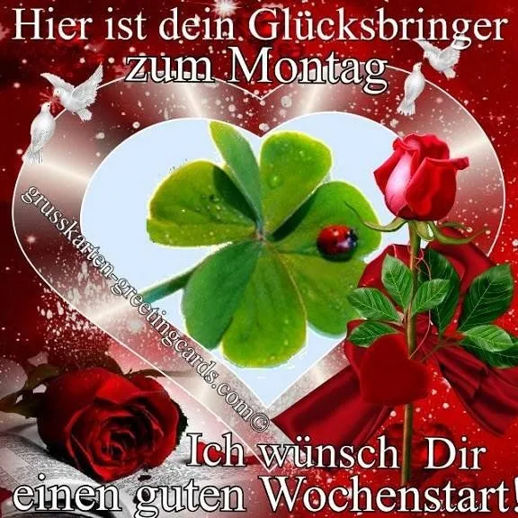 Ein vierblättriges Kleeblatt in Herzrahmen, umgeben von Rosen und Tauben.