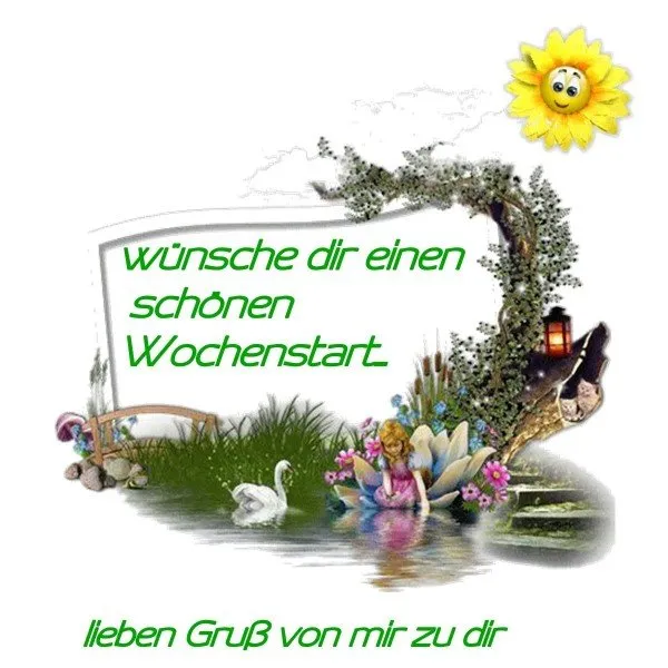 Ein Teich mit Schwan, Statue und Blumen, Wunsch für einen schönen Wochenstart.