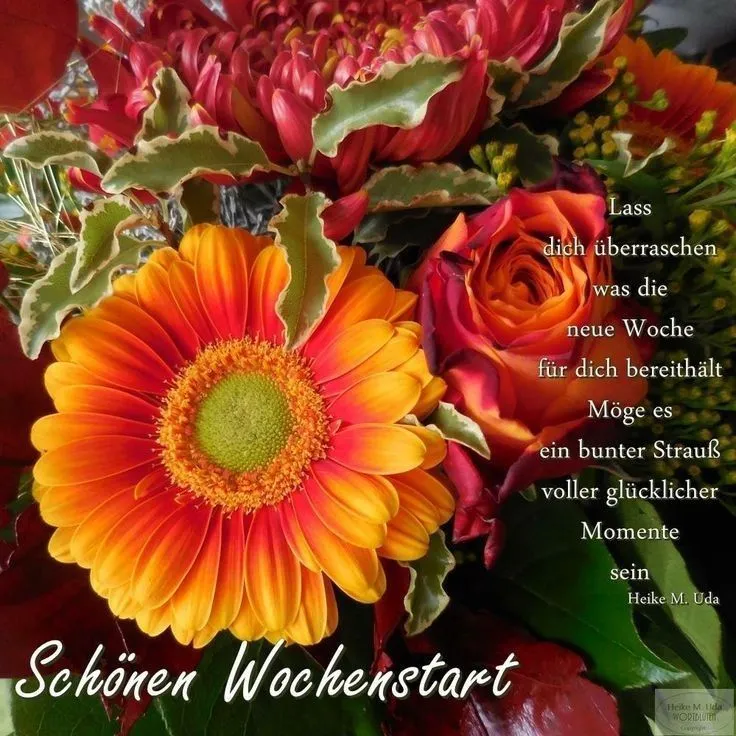 Ein bunter Blumenstrauß mit orangenen und roten Blüten und einem Grußtext.
