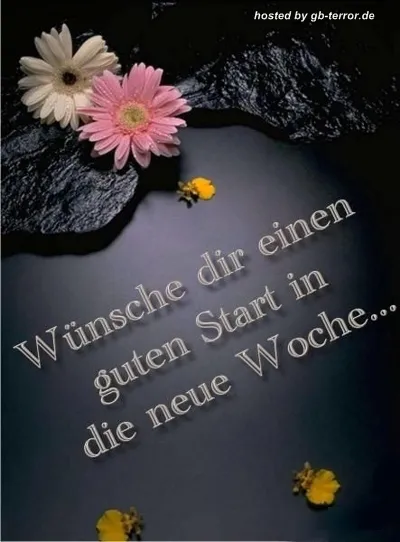 Ein schwarzer Hintergrund mit Blumen und dem Text „Wünsche dir einen guten Start in die neue Woche“.