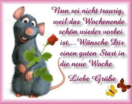 Eine cartoonhafte Ratte hält eine Rose und wünscht viel Glück für die neue Woche.
