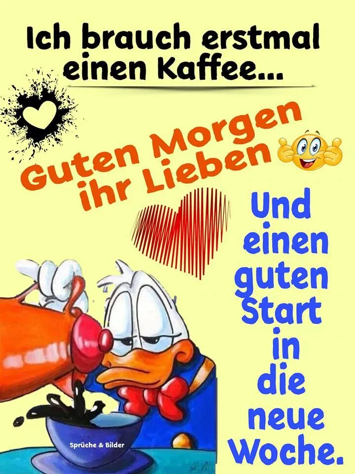 Ein Cartoon-Entenfigur gießt Kaffee in eine Tasse mit der Aufschrift „Guten Morgen“.