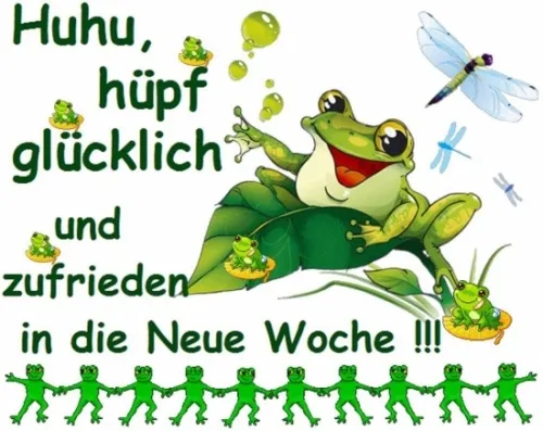 Ein grüner Frosch auf einem Blatt mit vielen kleinen Fröschen und Drachenfliegen.